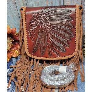 Native American Chief Head Crossbody Fringed Purse Genuine Leather Embossed Brow